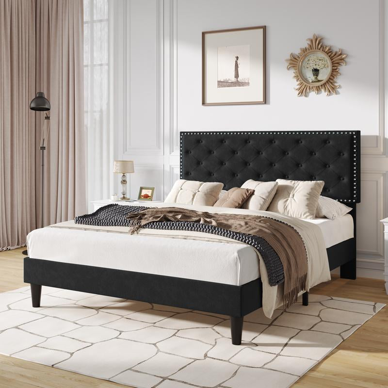 SHA CERLIN Fulll/Queen/King Size Velvet Bed Frame with Adjustable Headboard, Diamond Button Tufted and Rivet Decor, No Box Spring Needed