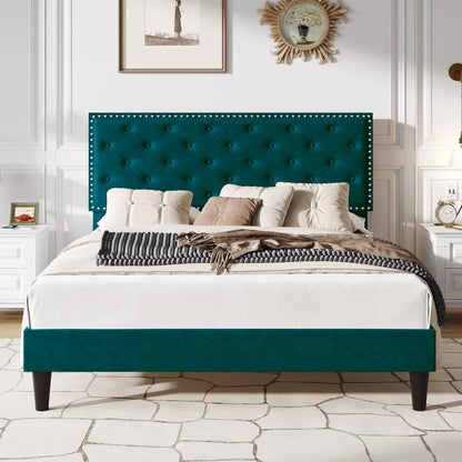 SHA CERLIN Fulll/Queen/King Size Velvet Bed Frame with Adjustable Headboard, Diamond Button Tufted and Rivet Decor, No Box Spring Needed