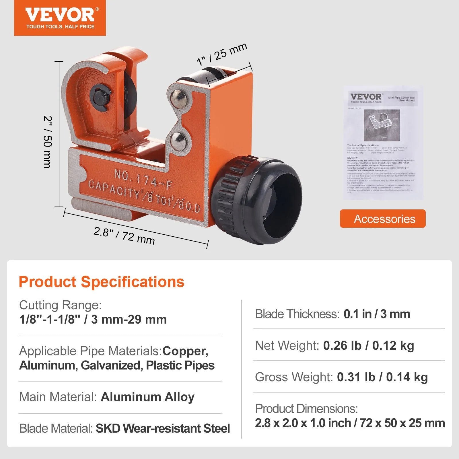 VEVOR Mini Tubing Cutter, 1/8 - 1-1/8 O.D. Mini Copper Pipe Cutter, Heavy Duty Compact Tube Cutter Tool with High-Speed SKD Blade for Copper, Aluminum, Galvanized, Plastic Pipes