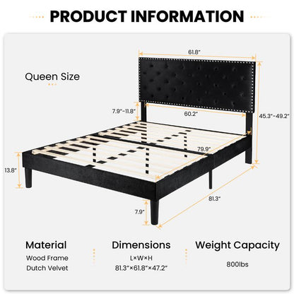 SHA CERLIN Fulll/Queen/King Size Velvet Bed Frame with Adjustable Headboard, Diamond Button Tufted and Rivet Decor, No Box Spring Needed