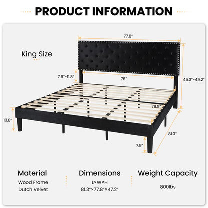 SHA CERLIN Fulll/Queen/King Size Velvet Bed Frame with Adjustable Headboard, Diamond Button Tufted and Rivet Decor, No Box Spring Needed