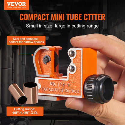 VEVOR Mini Tubing Cutter, 1/8 - 1-1/8 O.D. Mini Copper Pipe Cutter, Heavy Duty Compact Tube Cutter Tool with High-Speed SKD Blade for Copper, Aluminum, Galvanized, Plastic Pipes