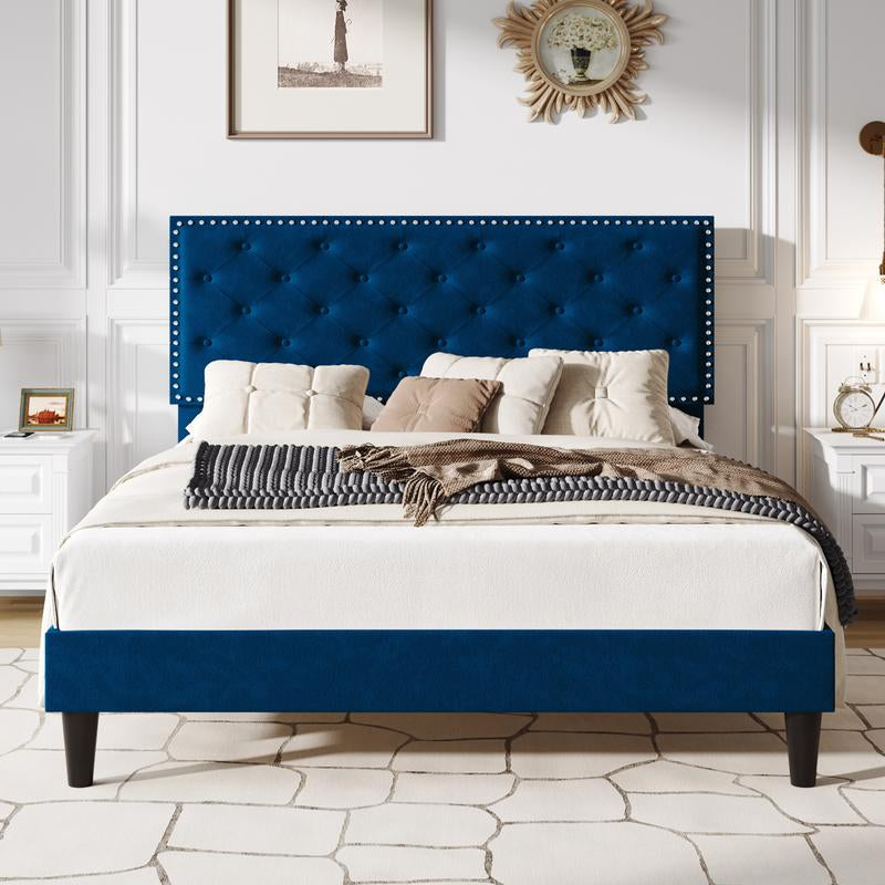 SHA CERLIN Fulll/Queen/King Size Velvet Bed Frame with Adjustable Headboard, Diamond Button Tufted and Rivet Decor, No Box Spring Needed